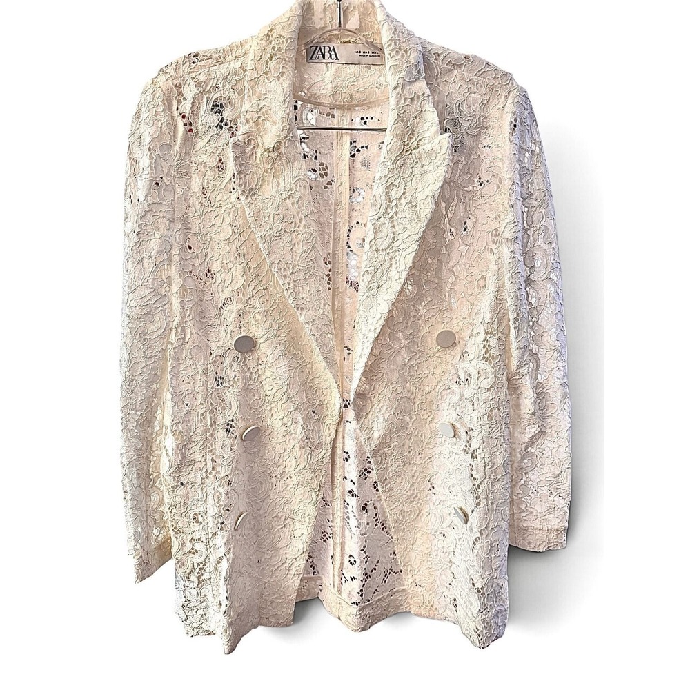 Zara Womens Cream Floral Lace Double Breasted Blazer Jacket Small 2731/044